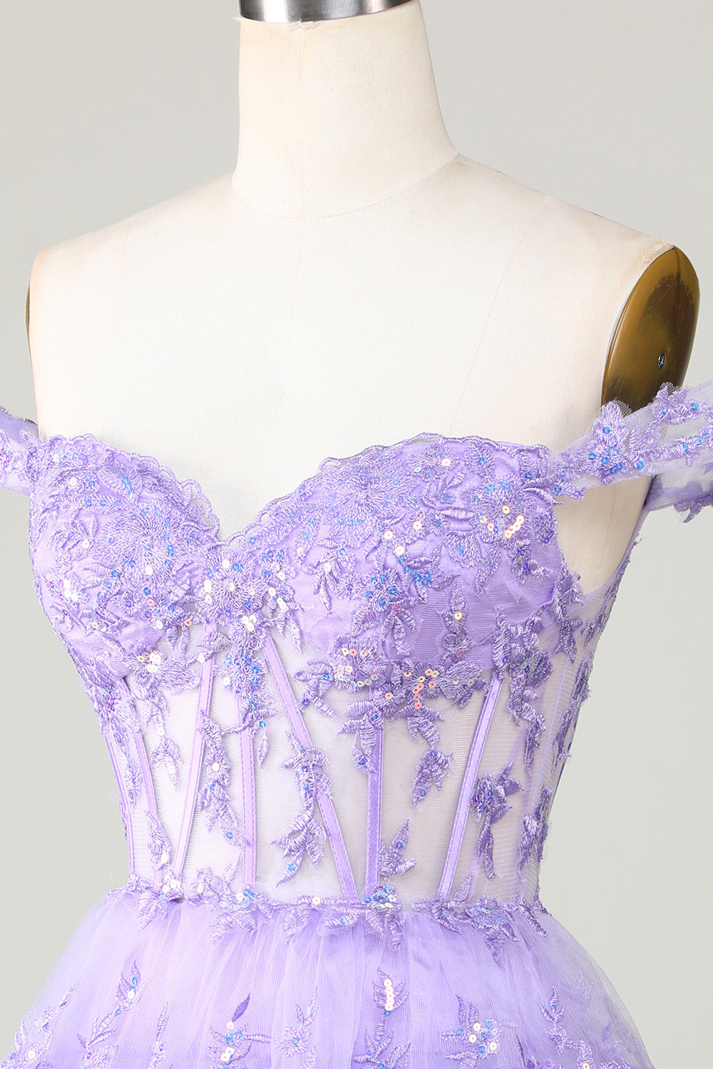 Princess A Line Corset Tiered Purple Short Homecoming Dress with Lace Off Shoulder
