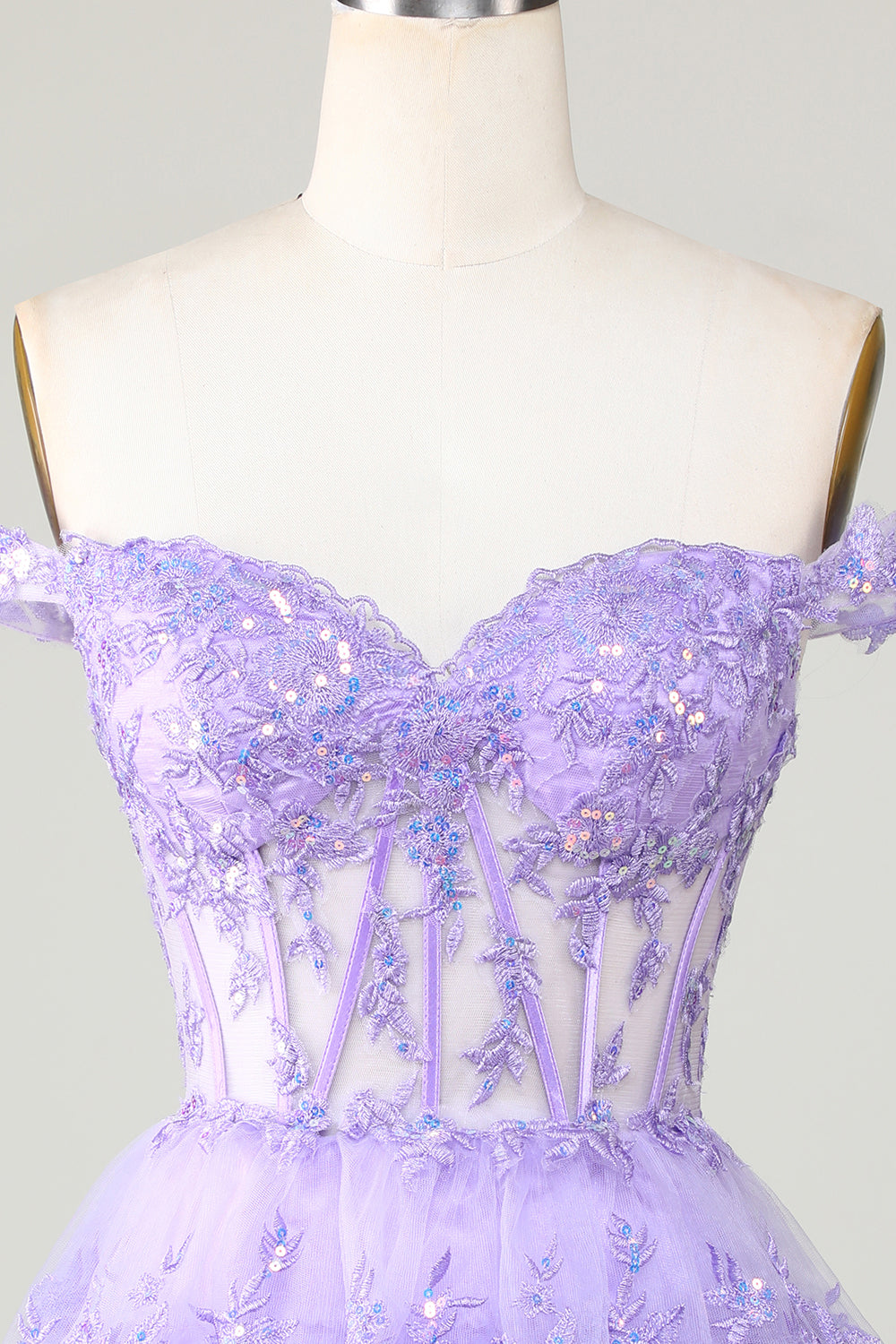 Princess A Line Corset Tiered Purple Short Homecoming Dress with Lace Off Shoulder