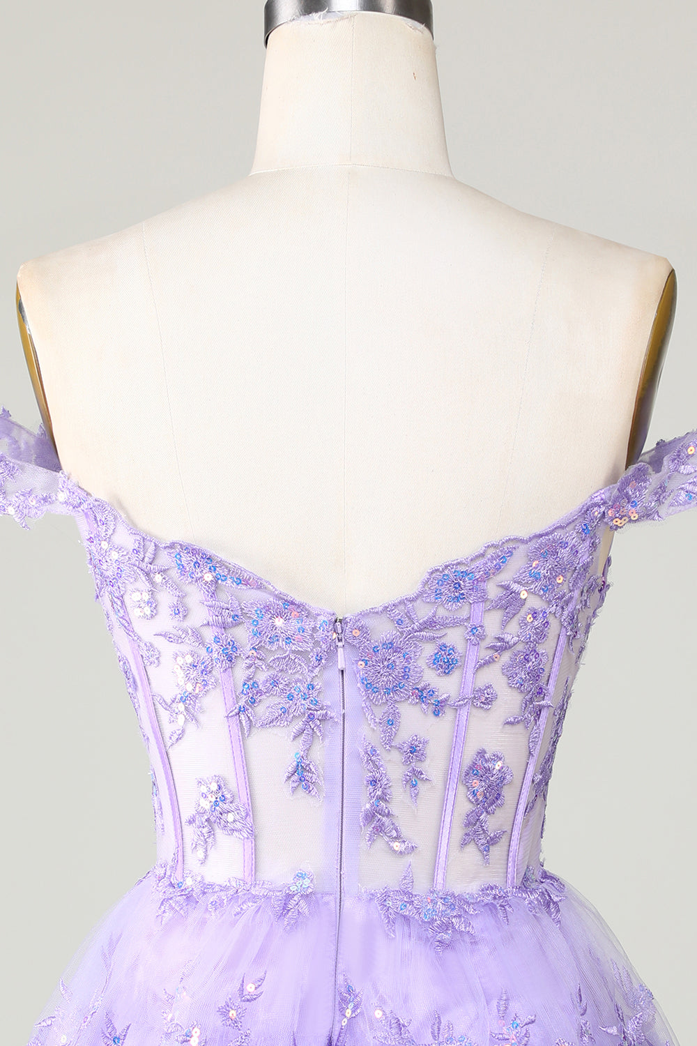 Princess A Line Corset Tiered Purple Short Homecoming Dress with Lace Off Shoulder