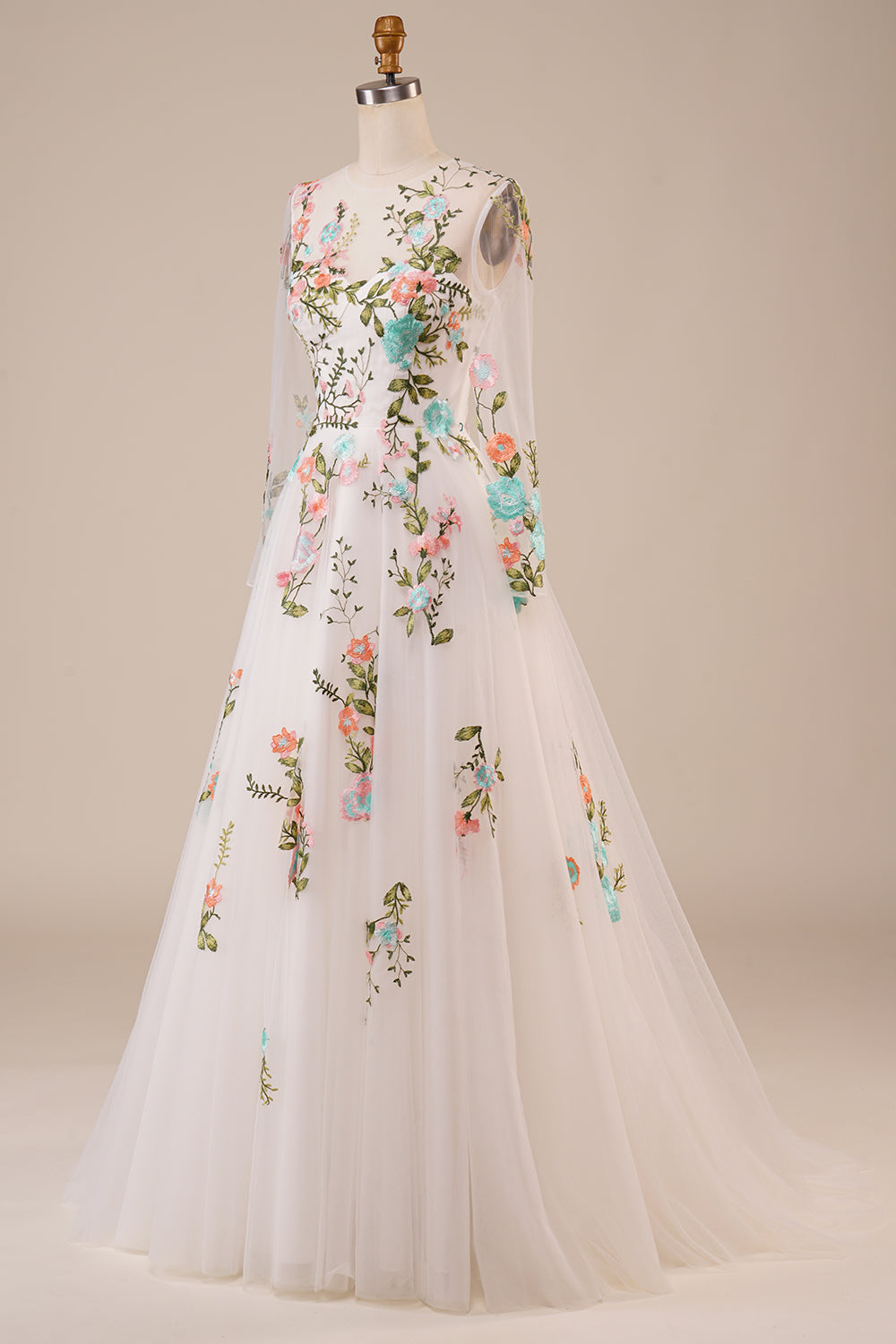 Ivory Flower A-Line Round Neck Sweep Train Wedding Dress with Long Sleeves Beautiful