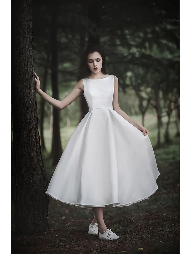A-Line Wedding Dresses Jewel Neck Tea Length Chiffon Over Satin Cap Sleeve Simple Casual Little White Dress Pure Color