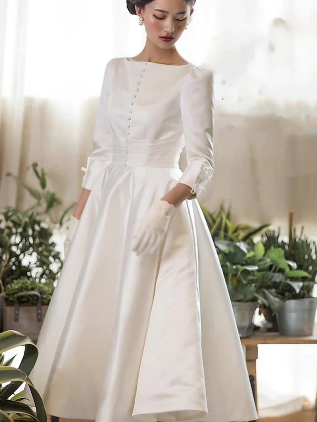 A-Line Wedding Dresses Jewel Neck Tea Length Satin Half Sleeve Simple Vintage Little White Dress with Buttons