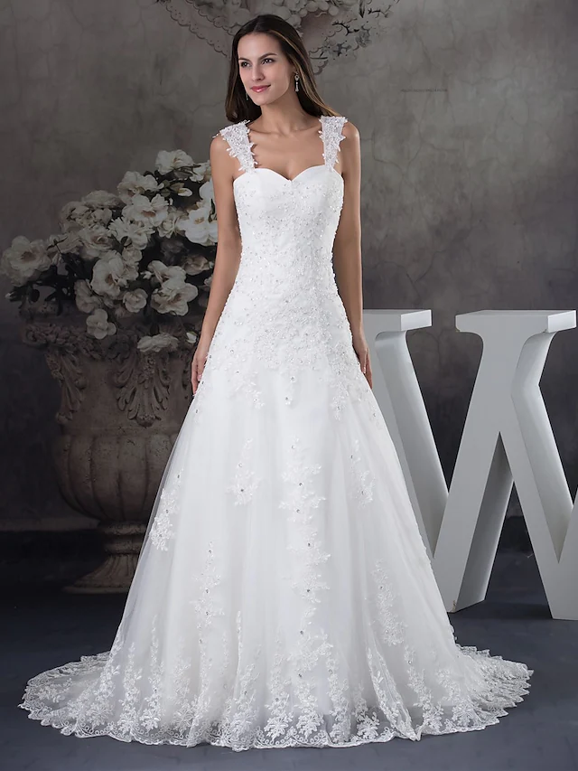A-Line Wedding Dresses Sweetheart Neckline Chapel Train Lace Tulle Spaghetti Strap with Beading