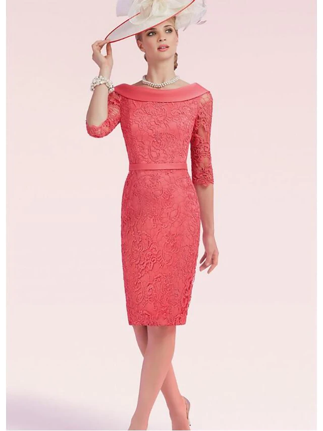 Mother of the Bride Dress Plus Size Bateau Neck Knee Length Lace Satin Half Sleeve with Sash Ribbon Bow(s) Split