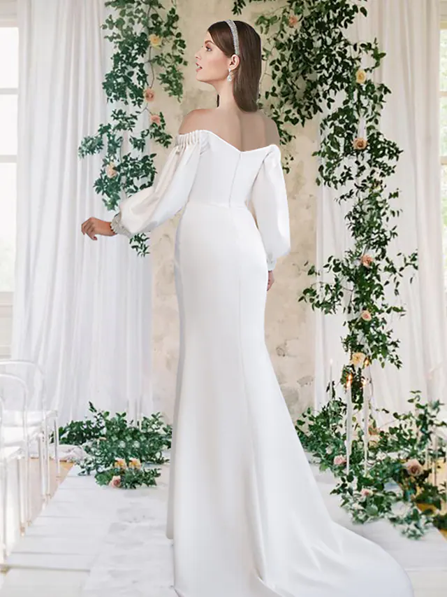 Wedding Dresses Off Shoulder Stretch Fabric Half Sleeve Simple with Split Front Pure Color