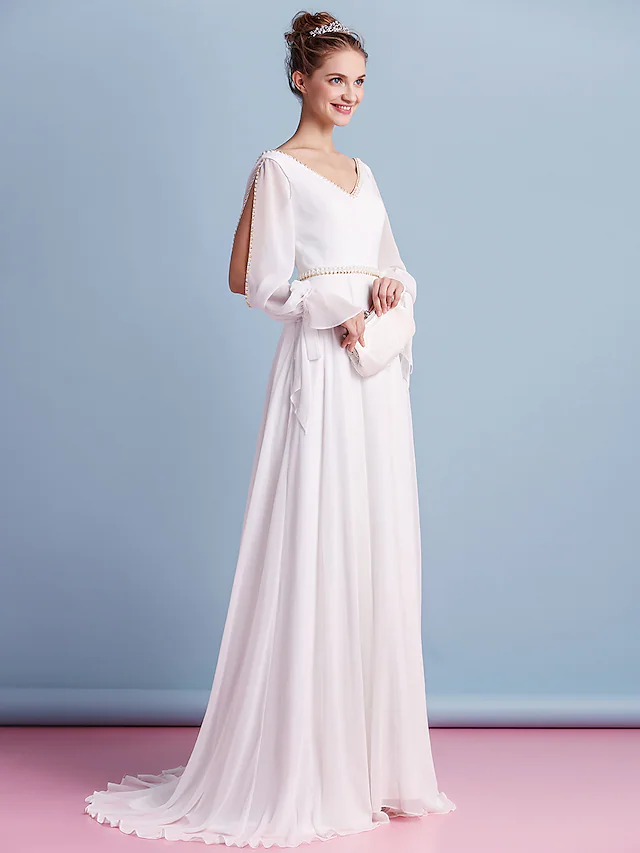 Wedding Dresses V Neck Court Train Chiffon Long Sleeve with Beading Pure Color