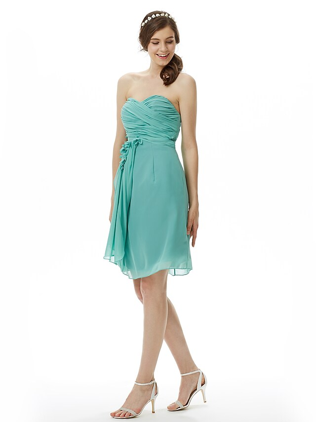 Sweetheart Neckline Strapless Knee Length Chiffon Bridesmaid Dress with Criss Cross Side Draping Flower Pure Color