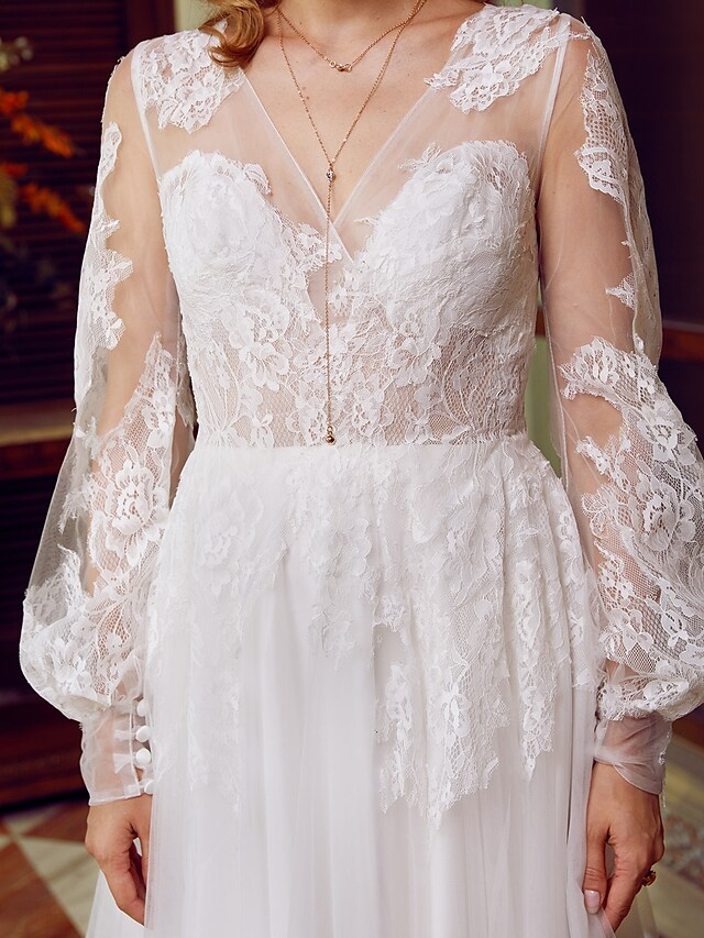 A-Line Wedding Dresses V Neck Lace Tulle Long Sleeve See-Through Pure Color
