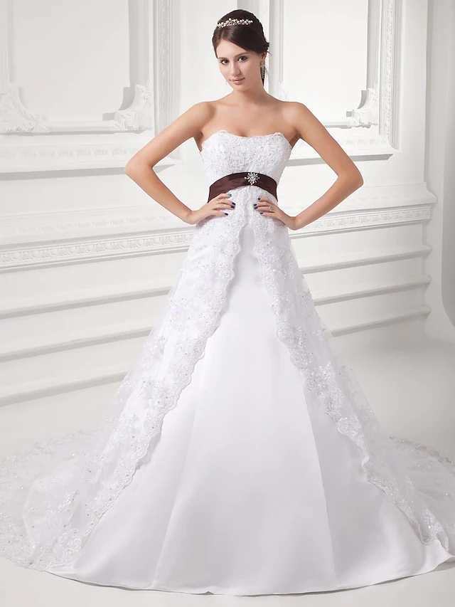 A-Line Wedding Dresses Strapless Chapel Train Lace Satin Tulle Strapless with Sashes Ribbons Bow(s)
