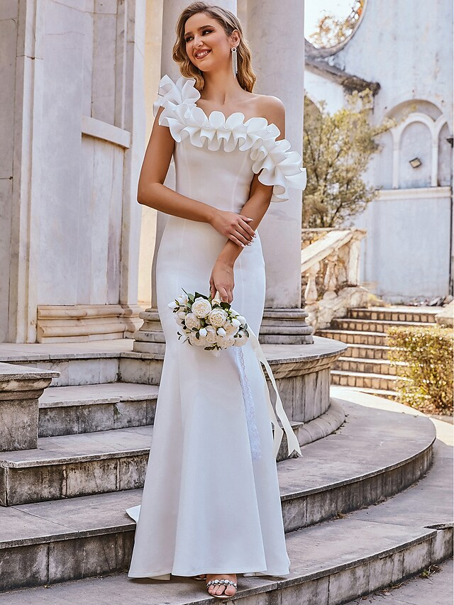 Wedding Dresses Spaghetti Strap Off Shoulder Stretch Fabric Cap Sleeve Romantic Elegant