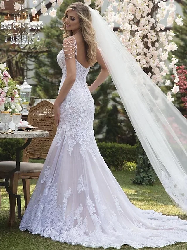 Wedding Dresses V Neck Court Train Lace Tulle Lace Over Satin Spaghetti Strap Beautiful Back