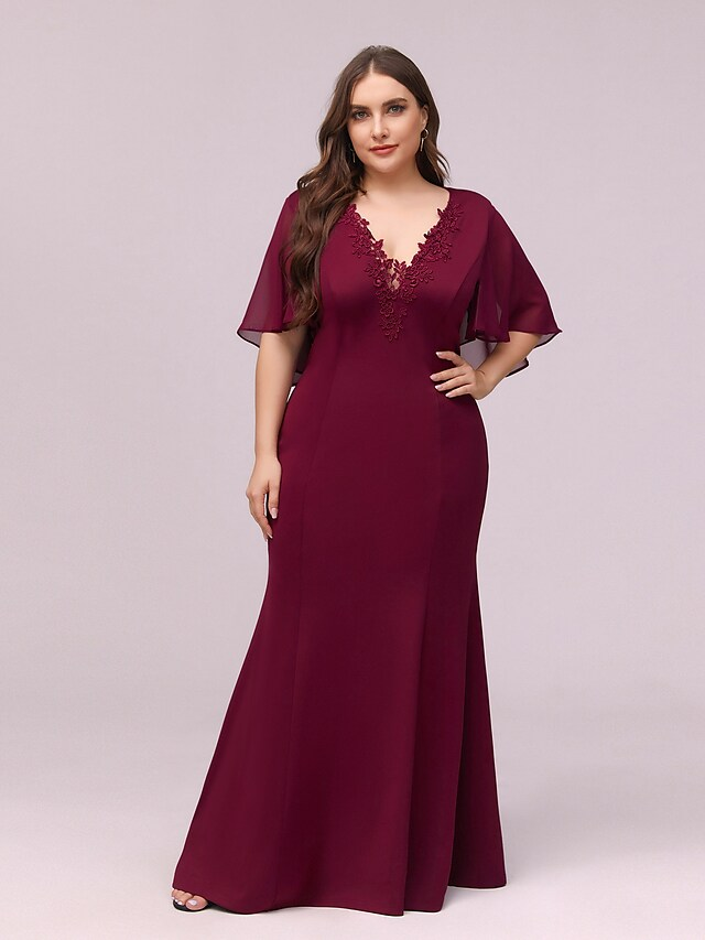 V Neck Floor Length Chiffon Bridesmaid Dress with Appliques Plus Size Pure Color