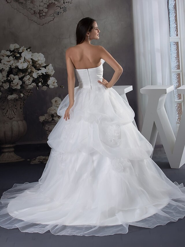 A-Line Wedding Dresses Strapless Chapel Train Organza Satin Strapless with Pick Up