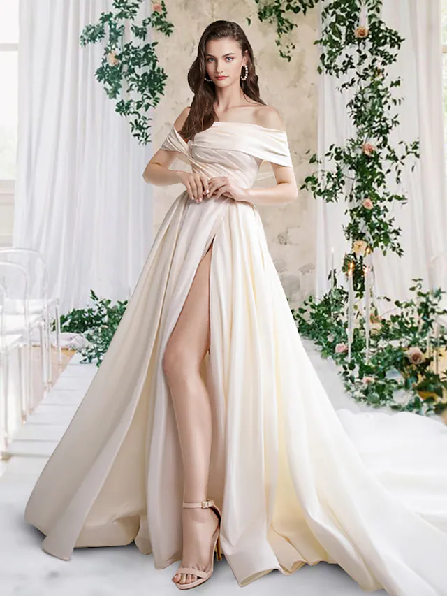 A-Line Wedding Dresses Off Shoulder Court Train Taffeta Sleeveless Simple Luxurious with Pleats Ruched Split