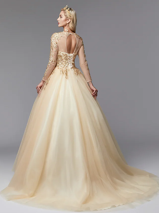 Ball Gown Wedding Dresses Jewel Neck Lace Tulle Long Sleeve Glamorous See-Through Backless Modern with Beading
