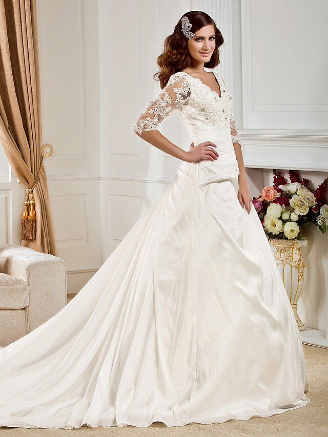 Ball Gown Wedding Dresses V Neck Chapel Train Taffeta Half Sleeve See-Through with Ruched Beading