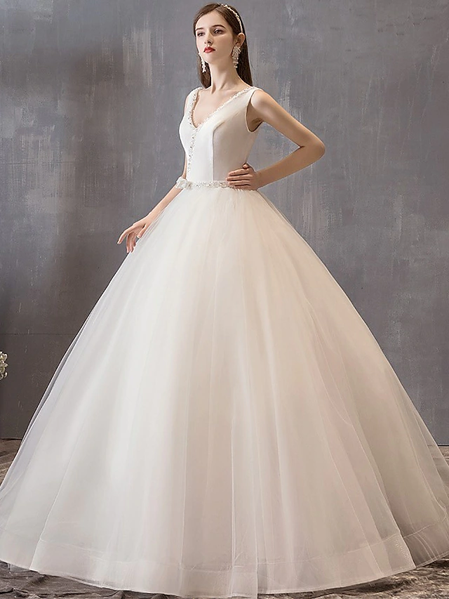 Princess Ball Gown Wedding Dresses V Neck Floor Length Satin Tulle Sleeveless Formal Luxurious with Bow(s)