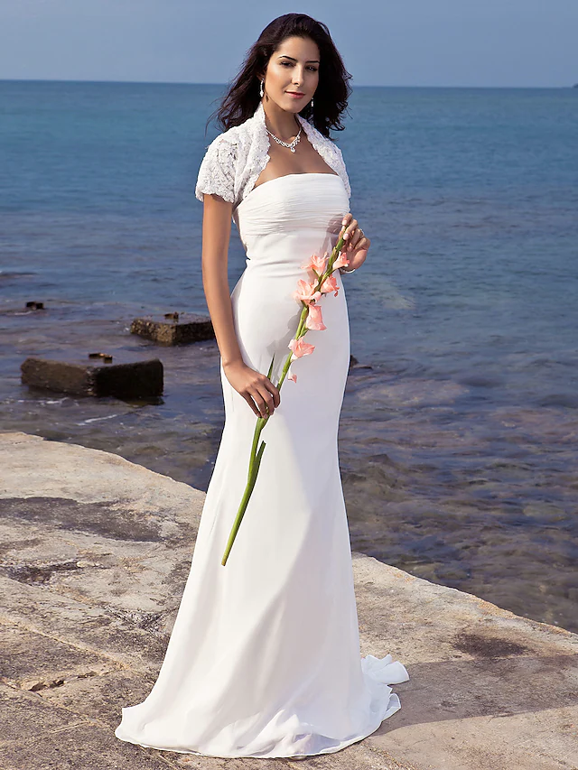 Long Wedding Dresses Strapless Chiffon Short Sleeve Vintage Separate Bodies