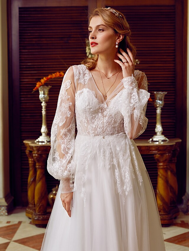 A-Line Wedding Dresses V Neck Lace Tulle Long Sleeve See-Through Pure Color