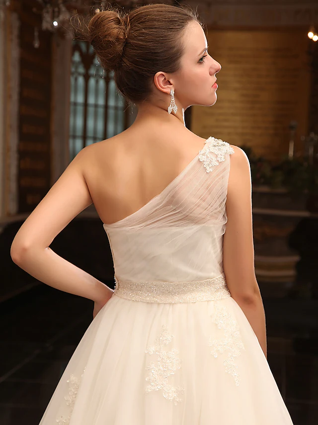 Princess A-Line Wedding Dresses One Shoulder Court Train Satin Tulle Sleeveless Long