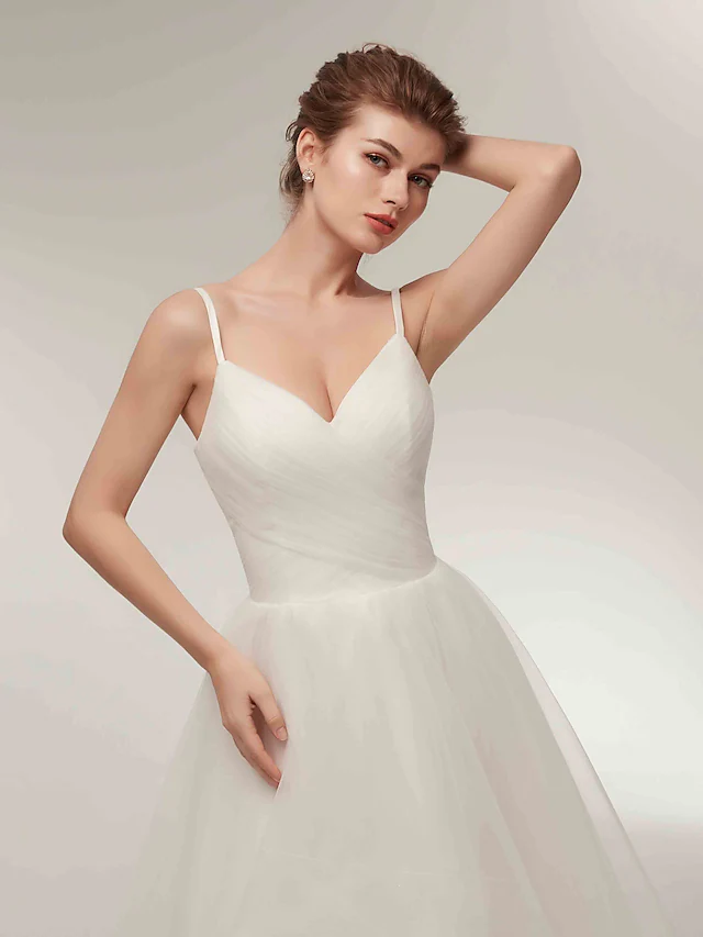 A-Line Wedding Dresses V Neck Asymmetrical Tulle Spaghetti Strap Simple Casual Little White Dress