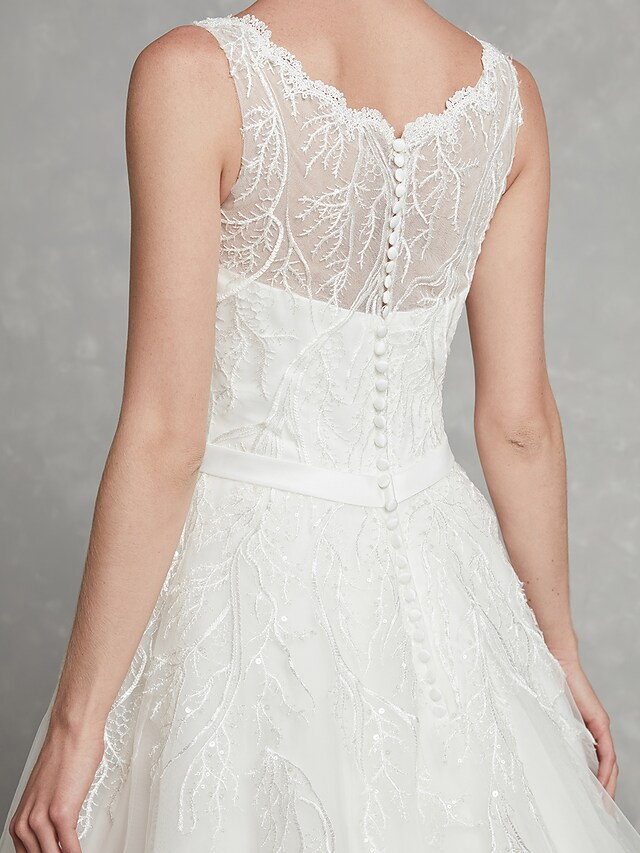 A-Line Wedding Dresses Scoop Neck Chapel Train Lace Tulle Regular Straps Formal Illusion Detail with Lace Sash