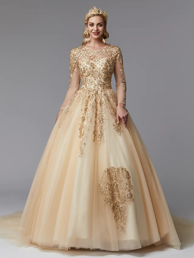 Ball Gown Wedding Dresses Jewel Neck Lace Tulle Long Sleeve Glamorous See-Through Backless Modern with Beading