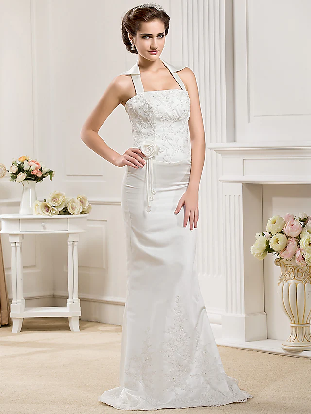 Long Wedding Dresses Halter Neck Court Train Satin Sleeveless