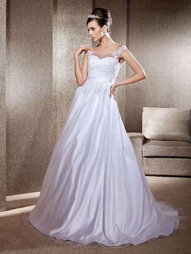 Ball Gown A-Line Wedding Dresses Scoop Neck Lace Tulle Sleeveless Beautiful