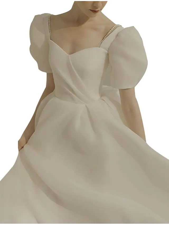 A-Line Wedding Dresses Scoop Neck Ankle Length Organza Short Sleeve Country Simple Little White Dress
