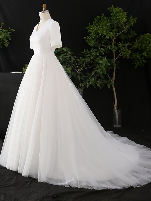 A-Line Wedding Dresses V Neck Court Train Satin Tulle Half Sleeve Simple Elegant with Appliques Beautiful
