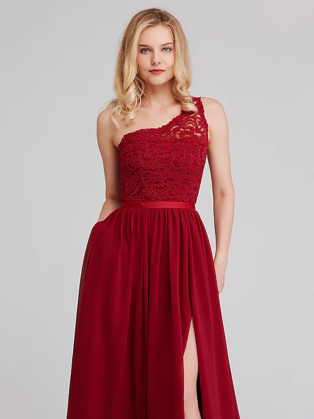A-Line One Shoulder Long Length Chiffon Lace Bridesmaid Dress with Sash Ribbon Sexy