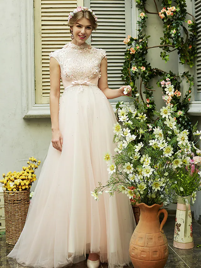 A-Line Wedding Dresses High Neck Sweep Brush Train Tulle Short Sleeve Open Back with Bowknot Sash Ribbon