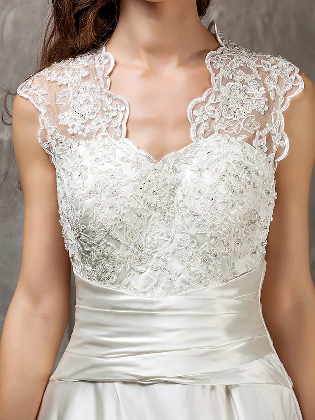 A-Line Wedding Dresses Queen Anne Lace Satin Sleeveless See-Through with Sash Ribbon Beading