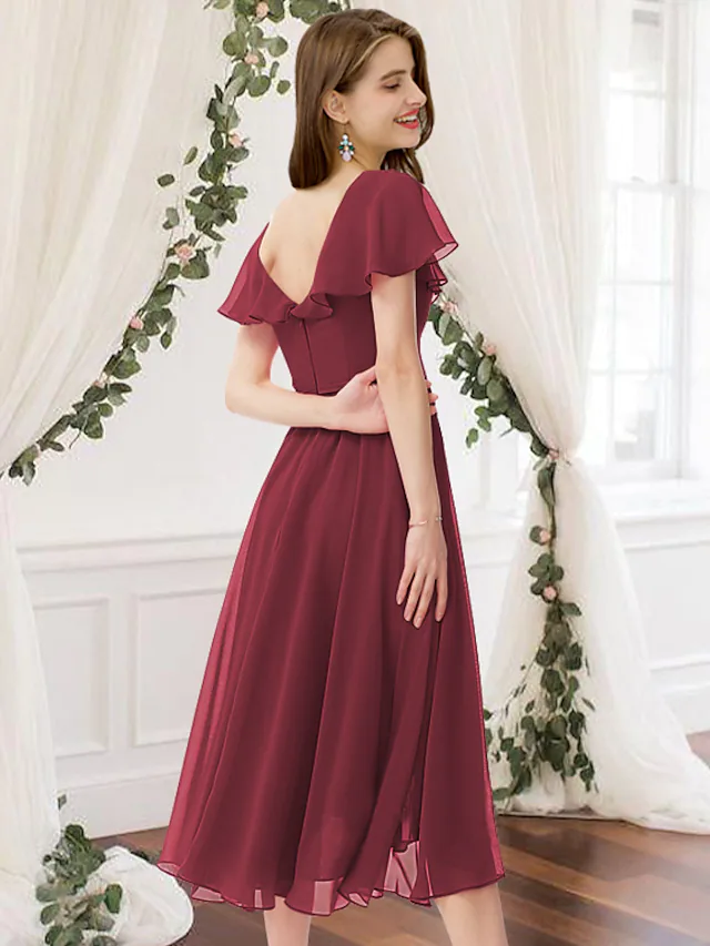 A-Line V Neck Knee Length Chiffon Bridesmaid Dress with Ruching Pure Color