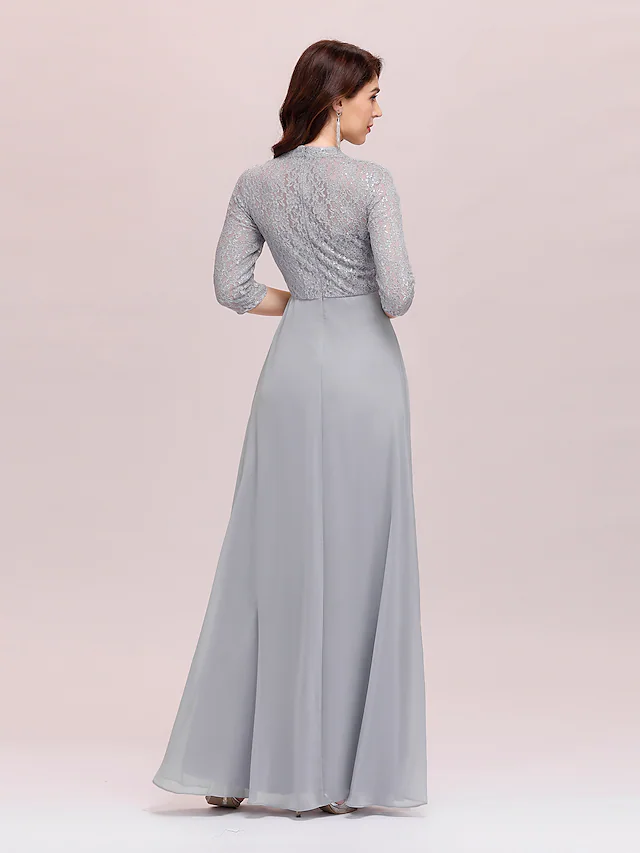 A-Line Mother of the Bride Dress Plus Size Elegant Jewel Neck Floor Length Chiffon Lace Length Sleeve