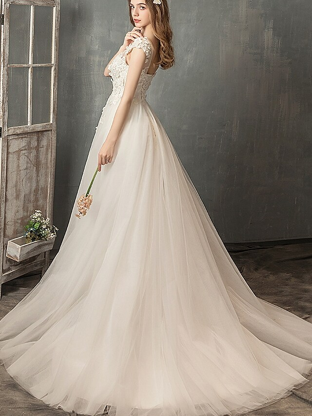 Princess A-Line Wedding Dresses Jewel Neck Lace Tulle Cap Sleeve Country Romantic with Pleats