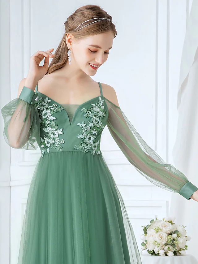 A-Line Spaghetti Strap Tulle Bridesmaid Dress with Appliques Beautiful Flower
