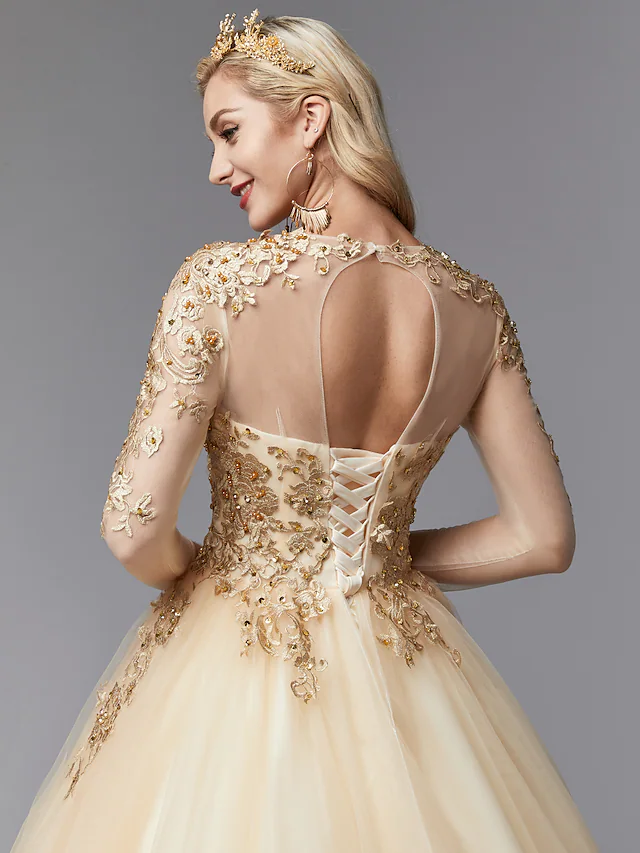 Ball Gown Wedding Dresses Jewel Neck Lace Tulle Long Sleeve Glamorous See-Through Backless Modern with Beading