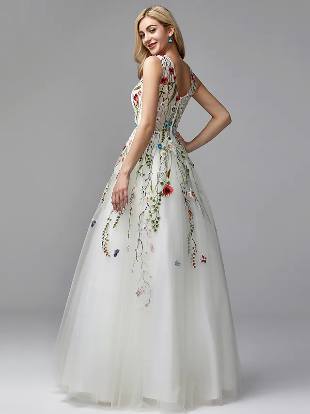 A-Line White Floral Quinceanera Formal Evening Valentine's Day Dress V Neck Sleeveless Floor Length Lace Tulle with Embroidery