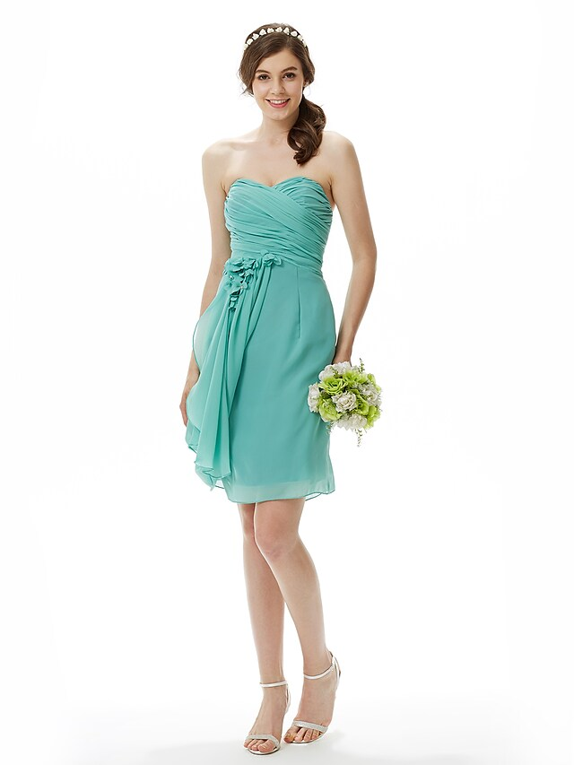 Sweetheart Neckline Strapless Knee Length Chiffon Bridesmaid Dress with Criss Cross Side Draping Flower Pure Color