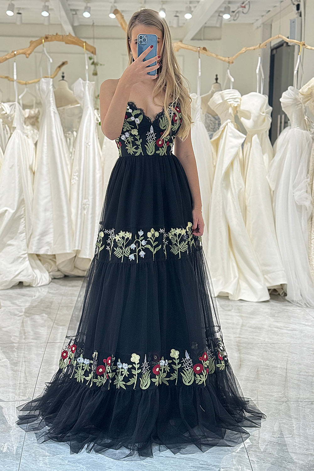 Black A Line Spaghetti Straps Long Prom Dress With Appliques Beautiful Flowers