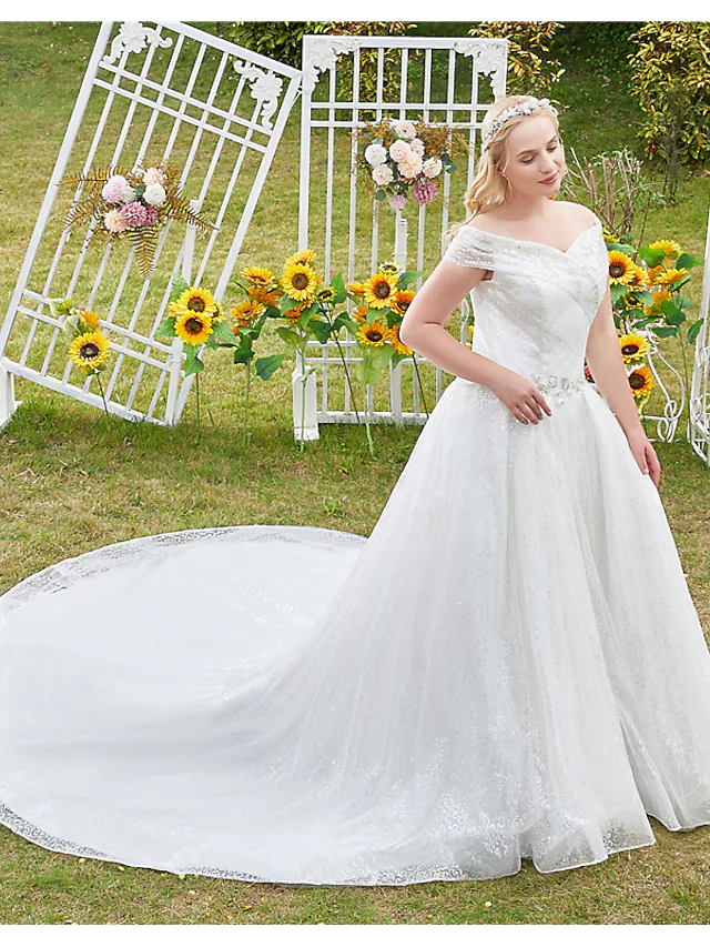 Princess Ball Gown Wedding Dresses Off Shoulder Cathedral Train Lace Tulle Sleeveless Formal Romantic Luxurious Sparkle & Shine Plus Size with Beading