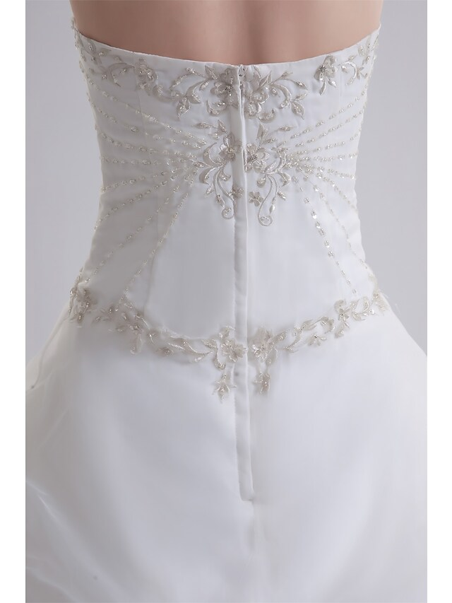 A-Line Wedding Dresses Strapless Court Train Organza Satin Strapless with Pick Up Skirt Ruched