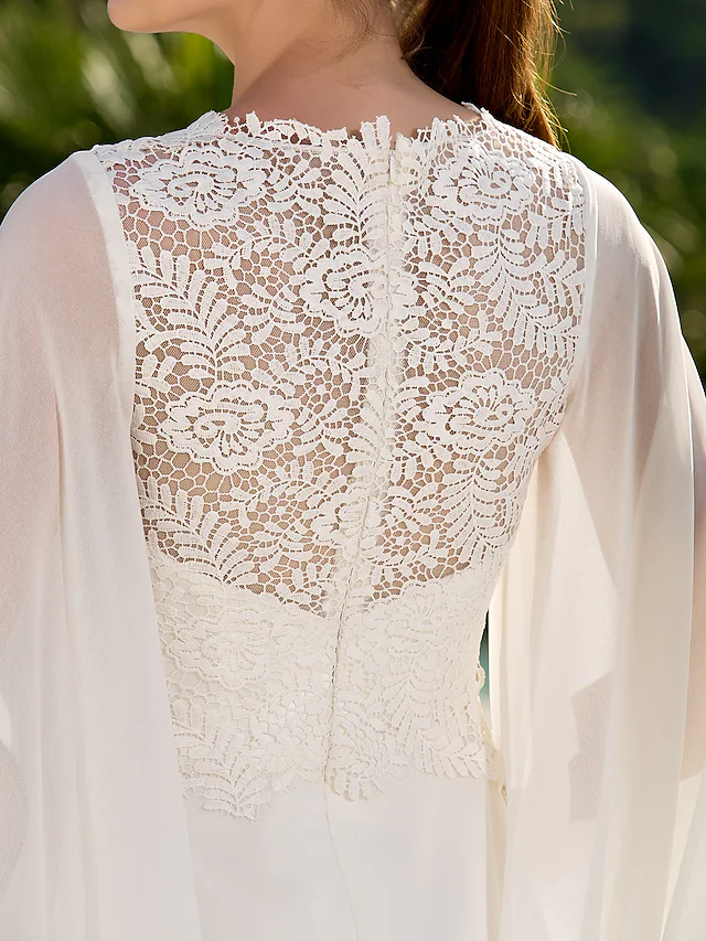 Wedding Dresses V Neck Court Train Chiffon Long Sleeve with Beading Pure Color