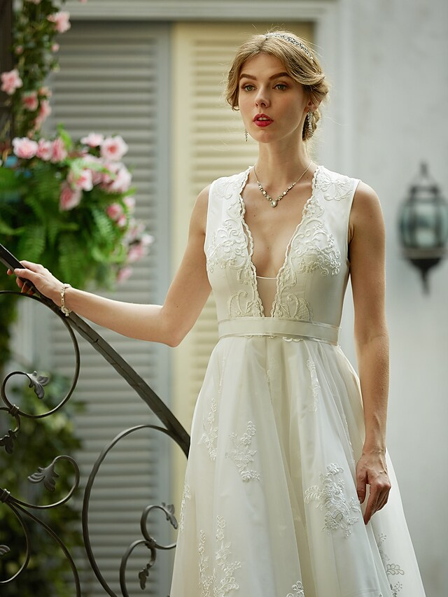 A-Line Wedding Dresses Plunging Neck Lace Over Tulle Sleeveless See-Through Beautiful Back Illusion Detail with Sash Ribbon