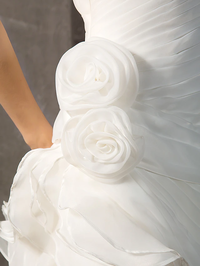 Wedding Dresses Strapless Court Train Organza Sleeveless with Flower Cascading Ruffle