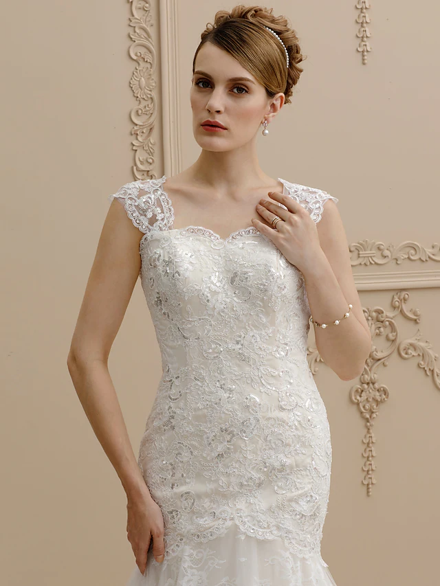 Wedding Dresses Square Neck Court Train Lace Over Tulle Regular Straps Wedding Dress in Color Floral Lace See-Through with Buttons Sequin
