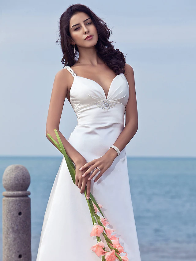 Wedding Dresses Sweetheart Neckline Stretch Satin Spaghetti Strap Open Back with