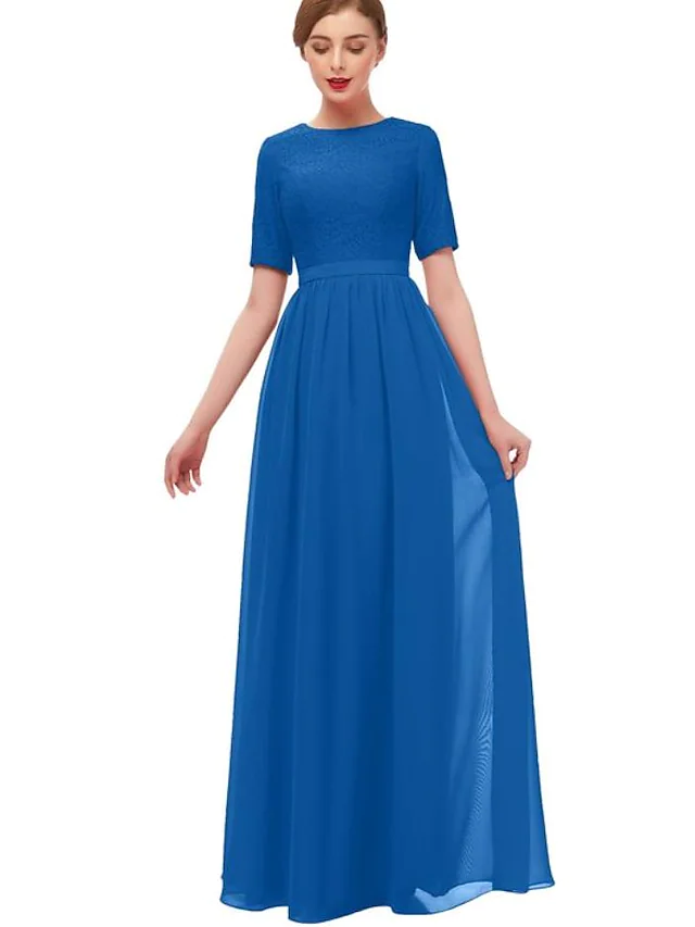 A-Line Floor Length Chiffon Bridesmaid Dress with Pleats Ruffles Split Front Pure Color